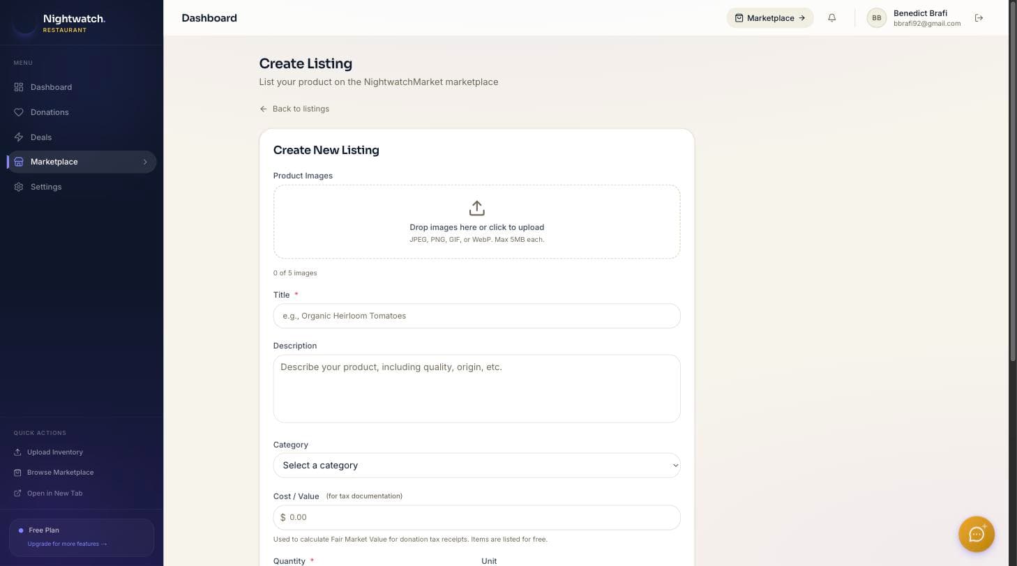 GoodMarkets create-listing screen showing fields for title, description, cost, quantity, and pickup window