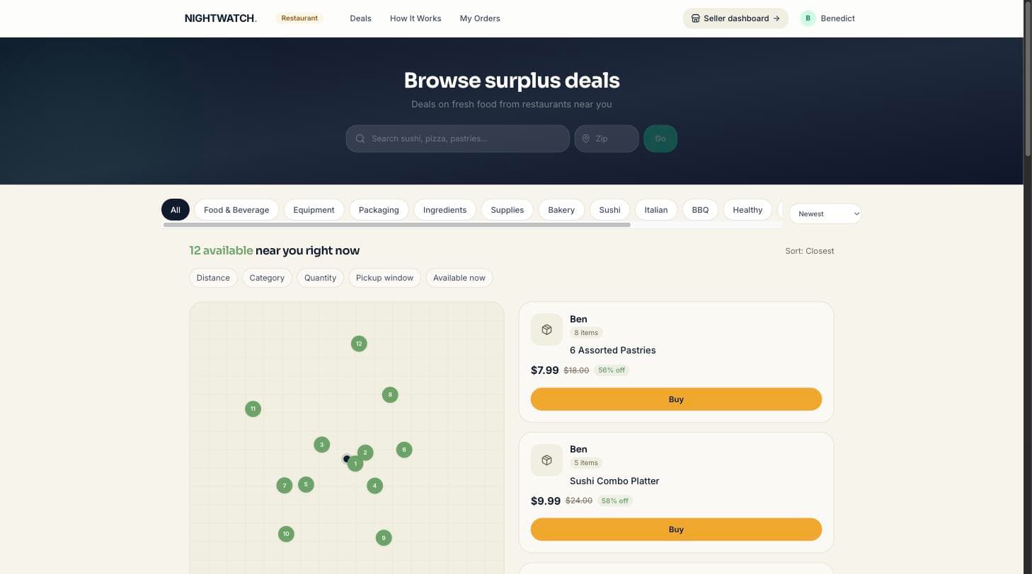 GoodMarkets marketplace showing nearby surplus deals with prices and discounts that customers can reserve